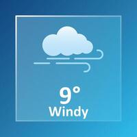 Windy 9 Degrees Celsius weather forecast. Cloudy, overcast, cold, wind speed, air, precipitation, temperature, atmospheric pressure, Fahrenheit, conditions, UV index, synoptic. Glassmorphism vector