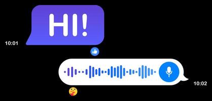 Messages in messenger. Blue speech bubble, black background, texting, Hi, Place your content, voice mail, send, delivered, read, communication, online, sending time, reactions, microphone, record vector
