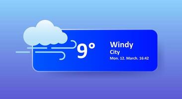 Windy 9 Degrees Celsius weather forecast, date, city location. Cloudy, overcast, cold, wind speed, air, precipitation, temperature, atmospheric pressure, Fahrenheit, conditions, UV index, synoptic vector