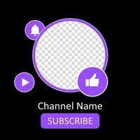 Template for channel photo and name. Empty space to place your content. Like button, Subscribe, bell, turn on the notifications, play, hosting, purple colors, attracting subscribers, advertising vector