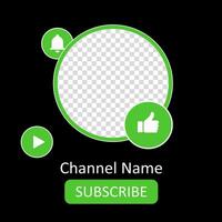 Template for channel photo and name. Empty space to place your content. Like button, Subscribe, bell, turn on the notifications, play, hosting, green colors, attracting subscribers, advertising vector