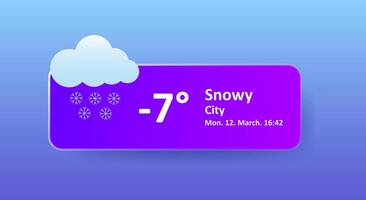 Snowy minus 7 Degrees Celsius weather forecast, date, city location. Snowflake, overcast, winter, wind speed, thundercloud, air, precipitation, temperature, atmospheric pressure, Fahrenheit, ice vector