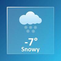 Snowy minus 7 Degrees Celsius weather forecast. Snowflake, overcast, winter, wind speed, thundercloud, air, precipitation, temperature, atmospheric pressure, Fahrenheit, conditions UV index, synoptic vector