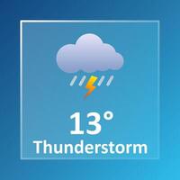 Thunderstorm 13 Degrees Celsius weather forecast. Cloudy, lightning, rain, downpour, overcast, cold, wind speed, air, precipitation, temperature, atmosphere, Fahrenheit, conditions, UV index, synoptic vector