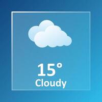 Cloudy 15 Degrees Celsius weather forecast. Windy, overcast, wind speed, thundercloud, air, precipitation, temperature, atmospheric pressure, Fahrenheit, conditions, UV index, synoptic. Glassmorphism vector