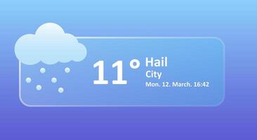 Hail 11 Degrees Celsius weather forecast, date, city location. Snowflake, overcast, thunderstorm, wind speed, air, precipitation, temperature, atmospheric pressure, Fahrenheit, ice. Glassmorphism vector