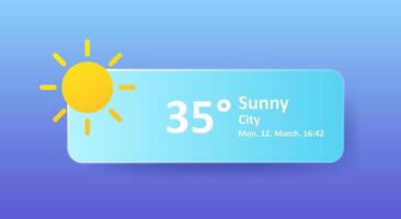 Sunny 35 Degrees Celsius weather forecast, date, location. Summer, hot, warm, air, heat, drought, precipitation, temperature, atmospheric pressure, Fahrenheit, conditions, high UV index, synoptic vector