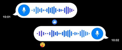 Voice messages. Speech bubbles, black background, texting, Hi, place your content, play button, playback speed, mail, delivered read online, sending time, reactions, emoticon, like, microphone, record vector