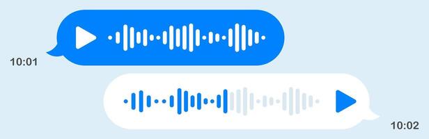 Voice messages in messenger. Speech bubbles, light background, texting, Hi, place your content, sound, play button, playback speed, mail, send, delivered, read, communication, online, sending time vector