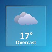Overcast 17 Degrees Celsius weather forecast. Windy, cloudy, wind speed, thundercloud, air, precipitation, temperature, atmospheric pressure, Fahrenheit, conditions, UV index, synoptic. Glassmorphism vector