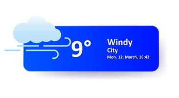 Windy 9 Degrees Celsius weather forecast, date, city location. Cloudy, overcast, cold, wind speed, air, precipitation, temperature, atmospheric pressure, Fahrenheit, conditions, UV index, synoptic vector