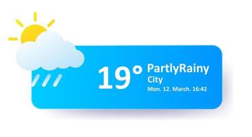 Partly rainy 19 Degrees Celsius weather forecast, date, city location. Cloudy, lightning, thunderstorm, downpour, overcast, cold, wind speed, air, precipitation, temperature, Fahrenheit, UV synoptic vector