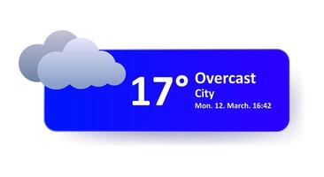 Overcast 17 Degrees Celsius weather forecast, city location, date. Windy, cloudy, wind speed, thundercloud, air, precipitation, temperature, atmospheric pressure, Fahrenheit, UV index, synoptic vector