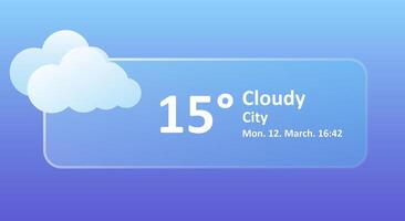 Cloudy 15 Degrees Celsius weather forecast, date, city. Windy, overcast, thundercloud, air, precipitation, temperature, atmospheric pressure, Fahrenheit, conditions, UV index, synoptic. Glassmorphism vector