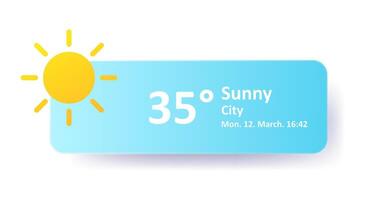 Sunny 35 Degrees Celsius weather forecast, date, location. Summer, hot, warm, air, heat, drought, precipitation, temperature, atmospheric pressure, Fahrenheit, conditions, high UV index, synoptic vector