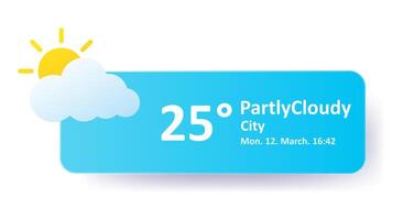 Partly cloudy 25 Degrees Celsius weather forecast, city location, date. Windy, overcast, sun, speed, air, precipitation, temperature, atmospheric pressure, Fahrenheit, conditions, UV index, synoptic vector
