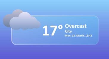 Overcast 17 Degrees Celsius weather forecast, city location, date. Windy, cloudy, wind speed, thundercloud, air, precipitation, temperature, atmospheric pressure, Fahrenheit, UV index. Glassmorphism vector