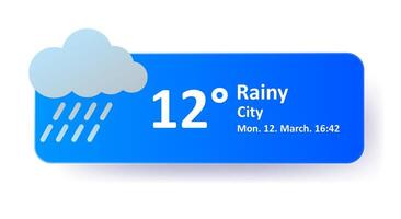 Rain 12 Degrees Celsius weather forecast, city location, date. Cloudy, thunderstorm, downpour, overcast, cold, wind speed, air, precipitation, temperature, atmosphere, Fahrenheit, conditions synoptic vector