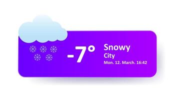 Snowy minus 7 Degrees Celsius weather forecast, date, city location. Snowflake, overcast, winter, wind speed, thundercloud, air, precipitation, temperature, atmospheric pressure, Fahrenheit, ice vector