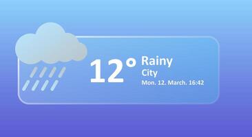 Rain 12 Degrees Celsius weather forecast, city, date. Cloudy, thunderstorm, downpour, overcast, cold, wind speed, precipitation, temperature, atmosphere, Fahrenheit, conditions synoptic. Glassmorphism vector