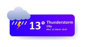 Thunderstorm 13 Degrees Celsius weather forecast, date, city location. Cloudy, lightning, rain, downpour, overcast, cold, wind speed, air, precipitation, temperature, atmosphere, Fahrenheit, UV index, vector