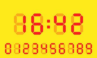 Electronic dial. Clock, timekeeping, time management, schedule, alarm clock, planning, red numbers, yellow background, calendar, watch, timer, sked, assign term, make an appointment, hour, minute vector