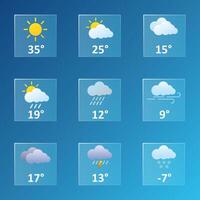 Weather forecast app or website. Sun, cloudy, precipitation, temperature, rain, wind speed, thunderstorm, snow, lightning, snowflake, degrees Celsius, Fahrenheit. Blue background. Glassmorphism vector