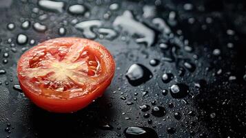 Freshness Defined Tomato Slice on Black with Water Droplets. photo