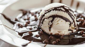 Creamy Indulgence Ice Cream and Chocolate on White Plate. photo