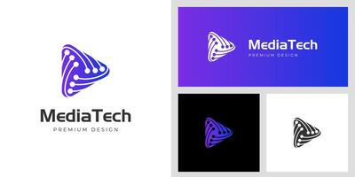 Play media tech logo icon design with triangle circuit line graphic idea for technology Ai music player logo vector