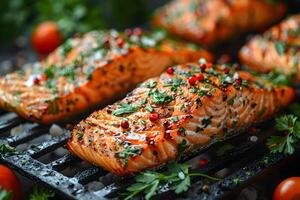 Grilled Salmon Fillets with Herbs and Spices - Healthy Gourmet Cooking Concept for Recipes, Menu Design, Poster photo