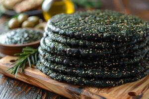 Stack of Healthy Spinach Flatbread with Seeds for a Nutritious Meal or Snack photo