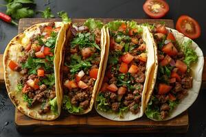 Fresh Mexican Tacos with Beef, Lettuce, Tomatoes, and Cilantro - Ideal for Culinary and Food Photography photo