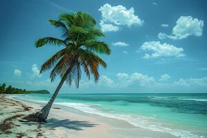 Beautiful Tropical Beach Scene with Leaning Palm Tree and Pristine Turquoise Waters - Perfect for Travel and Vacation Design photo