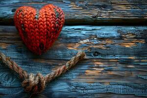 Handcrafted Woven Red Heart on Rustic Painted Wood - Valentine's Day Love Decor Design for Print, Card, Poster photo