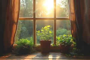 Sunlit Tranquility Indoor Plants on Windowsill with Sun Rays Through Curtains - Ideal for Calming Decor and Botanical Design photo
