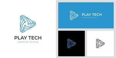 Play media tech logo icon design with triangle circuit line graphic idea for technology Ai music player logo vector