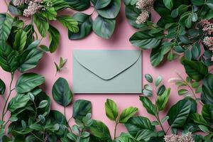 Floral Invitation Design with Green Envelope on Pink Background for Nature-Inspired Events and Celebrations photo