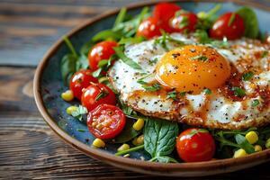 Healthy Breakfast Salad with Fried Egg, Cherry Tomatoes, Spinach, and Corn - Perfect for Summer Meals, Nutrition, and Diet Planning photo