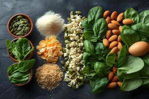 Fresh Ingredients for Healthy Recipes Spinach, Nuts, Eggs, and Seeds on Dark Background - Ideal for Cooking, Nutrition, and Food Design photo