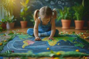 Child Learning Geography Indoors with World Map, Educational Playtime Concept photo