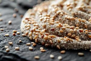 Close-Up of Mixed Sesame and Poppy Seeds on Rustic Slate Surface Perfect for Food Design and Backgrounds photo