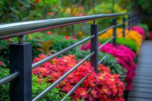 Floral Pathway with Vibrant Blooms and Steel Railing - Ideal for Garden Design Inspiration photo