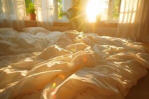 Sunlit Cozy Unmade Bed in a Bright Morning Bedroom Warm and Inviting Interior Scene for Relaxation Themes photo