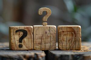Wooden Question Marks on Rustic Blocks - Concept of Curiosity, Inquiry, and Uncertainty - Stock Photo for Design, Poster, Print Use