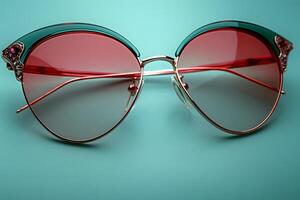 Stylish Retro Sunglasses with Red Tinted Lenses on Turquoise Background - Fashion Accessories for Summer and Style Statements photo