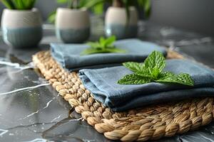 Home Decor with Fresh Mint Leaves on Blue Napkins - Elegant Table Setting for a Modern Kitchen photo