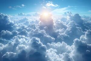 Serene Sky with Radiant Sunlight Above Fluffy White Clouds - Tranquil Nature Background for Designs photo