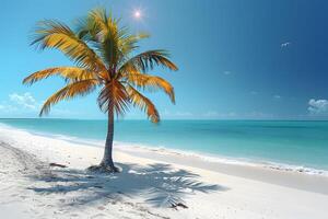 Peaceful Tropical Beach Scene with Palm Tree and Calm Ocean Waves on a Sunny Day photo