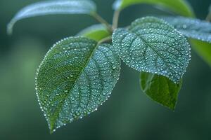 Dew-Kissed Green Leaves Macro for Eco-Friendly Print Design and Nature Awareness Posters photo